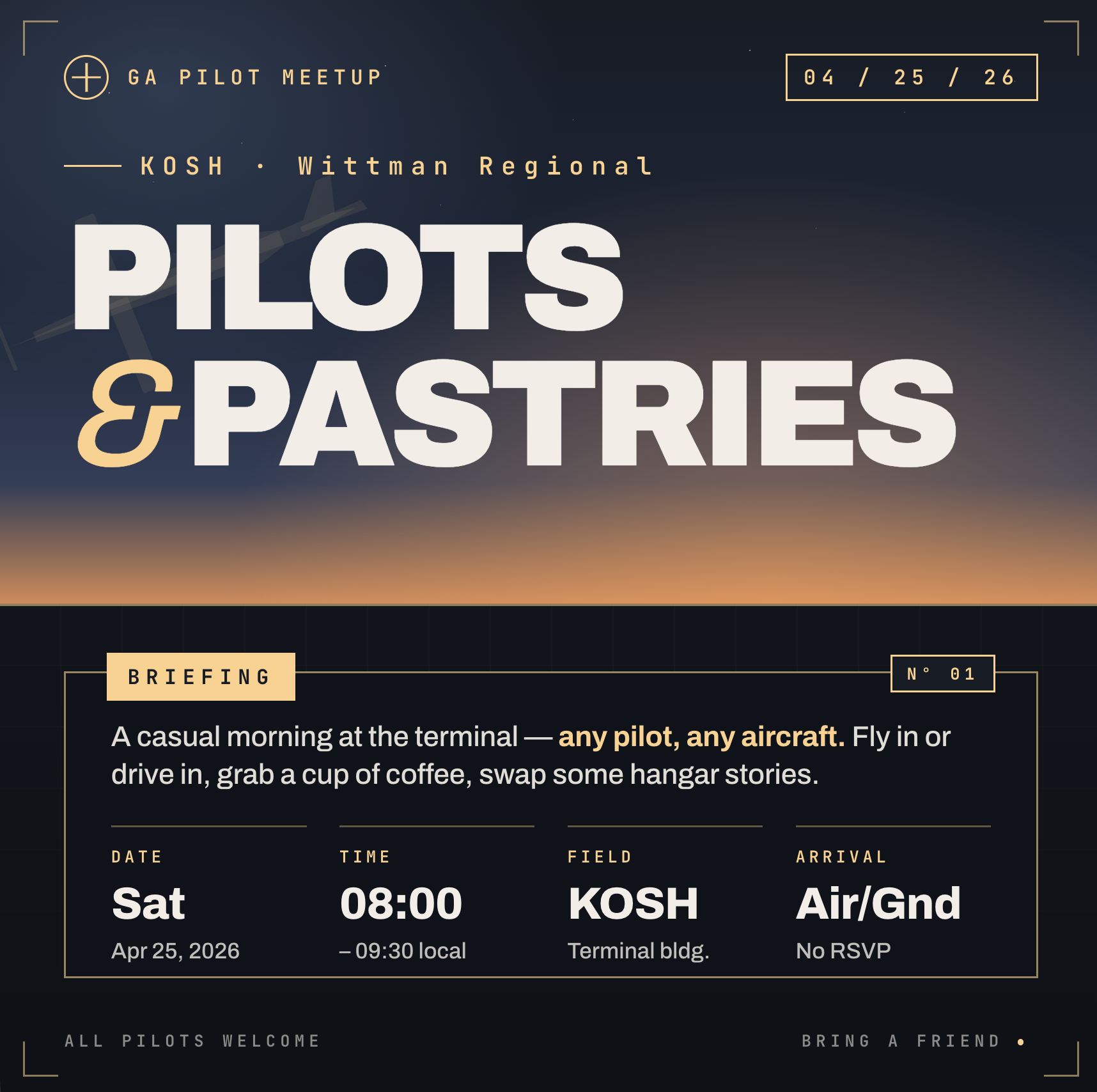 Pilots and Pastries GA pilot meetup at KOSH on April 25, 2026